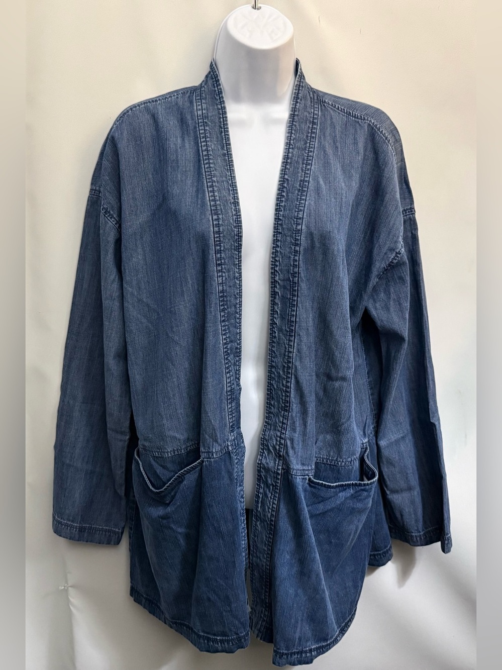 $258 EILEEN FISHER Open Kimono Jacket M Tencel Colorblock Midnight Denim - Picture 5 of 13